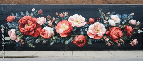 Floral mural decorates brick wall with elegant, decorative design.
