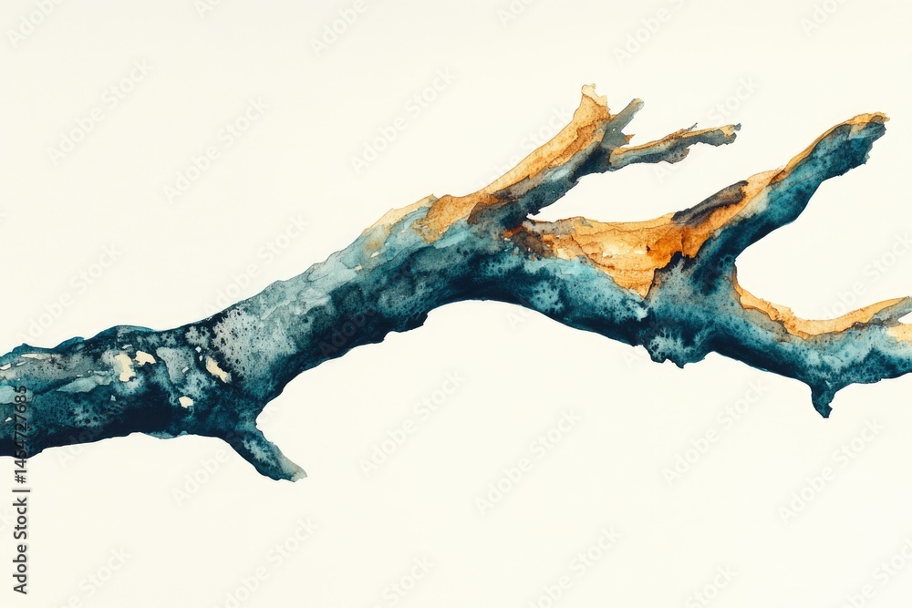 Fototapeta premium Abstract watercolor painting of a teal and orange tree branch, minimalist and elegant.