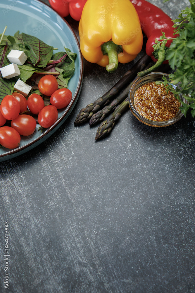 fresh vegetables on the table.Close-up of fresh vegetable salad with bell peppers, asparagus, mustard seeds, healthy eating fresh vegetables on the table.Close-up of fresh vegetable salad with bell peppers, asparagus, mustard seeds, healthy eating