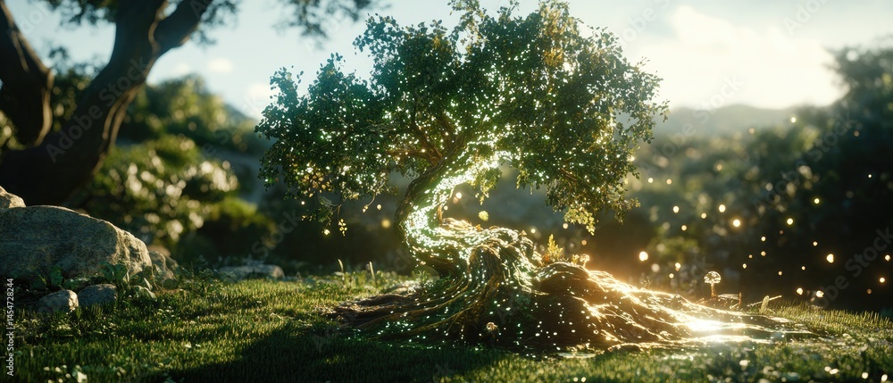 Fototapeta premium Lush landscape with a mystical tree and sunlight.