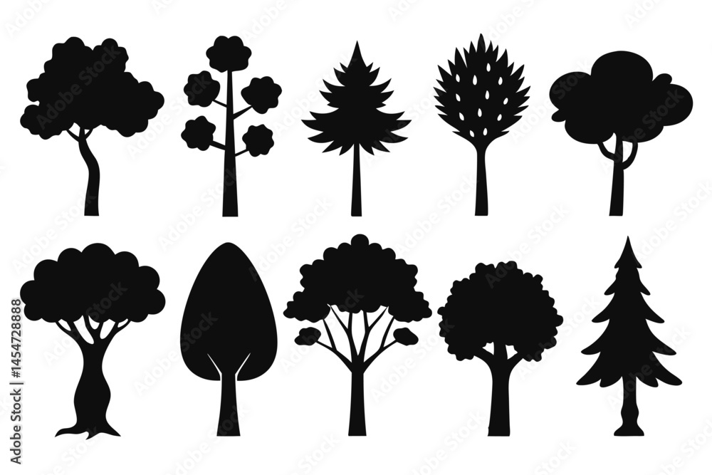 Fototapeta premium Black Tree Silhouette Icons – Diverse Forest and Nature Elements Pack