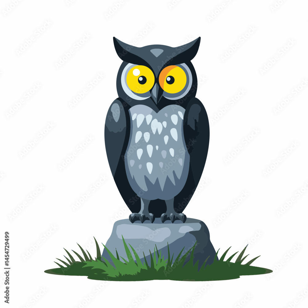 Fototapeta premium Stylized owl carving on pedestal in grassy landscape, minimalist design