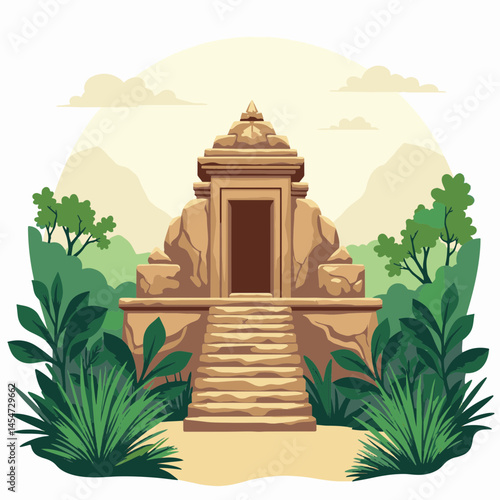Ancient jungle temple with angular steps, mystical serenity