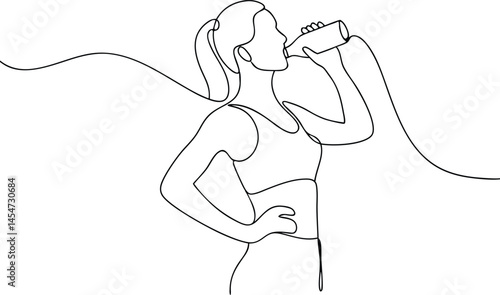 One continuous line drawing of young woman drinking water from bottle, line art illustration showing healthy lifestyle concept

