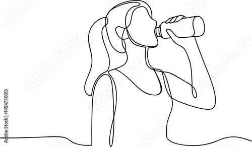 One continuous line drawing of young woman drinking water from bottle, line art illustration showing healthy lifestyle concept


