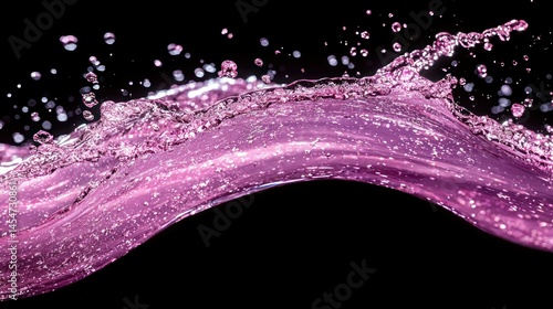 Magenta splash on black; droplets in motion, liquid flow