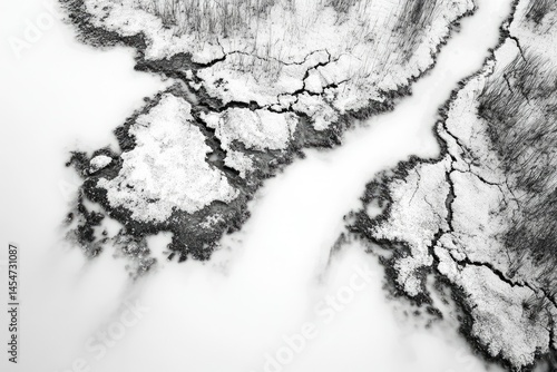 Aerial view of a snow-covered cracked landscape with a stream flowing through it.