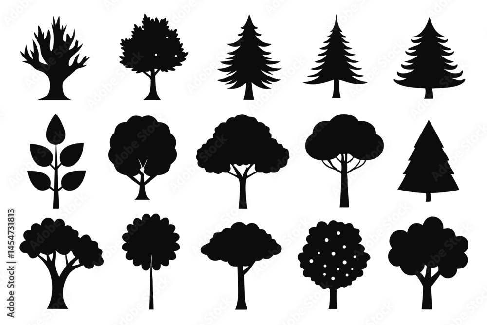 Fototapeta premium Tree Silhouettes Collection – Black Forest, Nature, and Botanical Icons Set