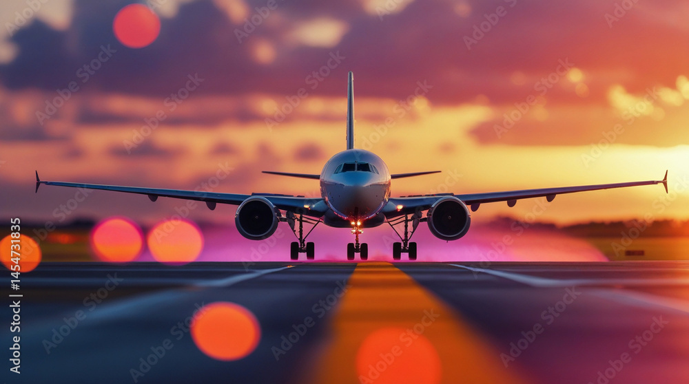 Airplane landing at sunset capturing a dramatic travel moment with warm sky colours and silhouette of aircraft touching down.
