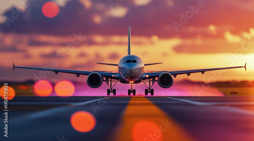 Obraz na płótnie Airplane landing at sunset capturing a dramatic travel moment with warm sky colours and silhouette of aircraft touching down.
w salonie