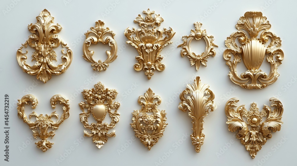 Elegant Golden Baroque Ornament 3D Set on White Background Elegant Golden Baroque Ornament 3D Set on White Background