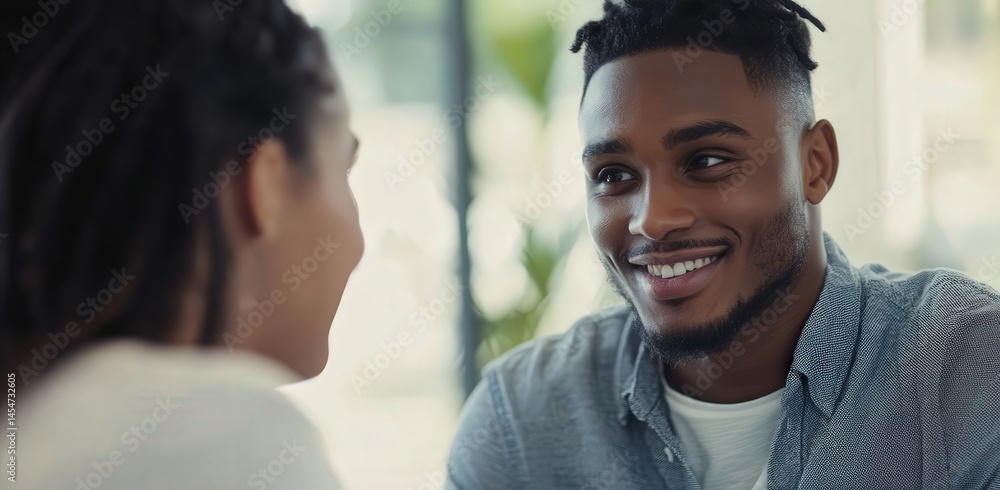 Confident young businessman smiling and engaging with female colleague in modern office, close-up portrait with sharp focus and professional lighting. Confident young businessman smiling and engaging with female colleague in modern office, close-up portrait with sharp focus and professional lighting.