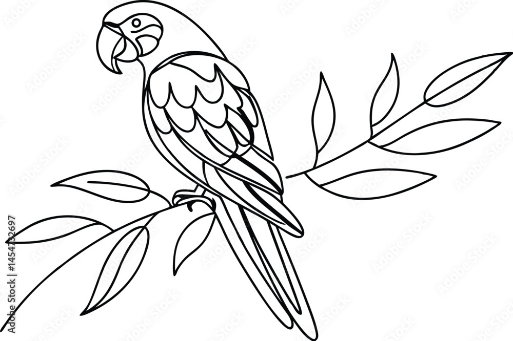 Obraz premium Minimalist Line Art Of A Parrot Perched On A Branch With Leaves Vector