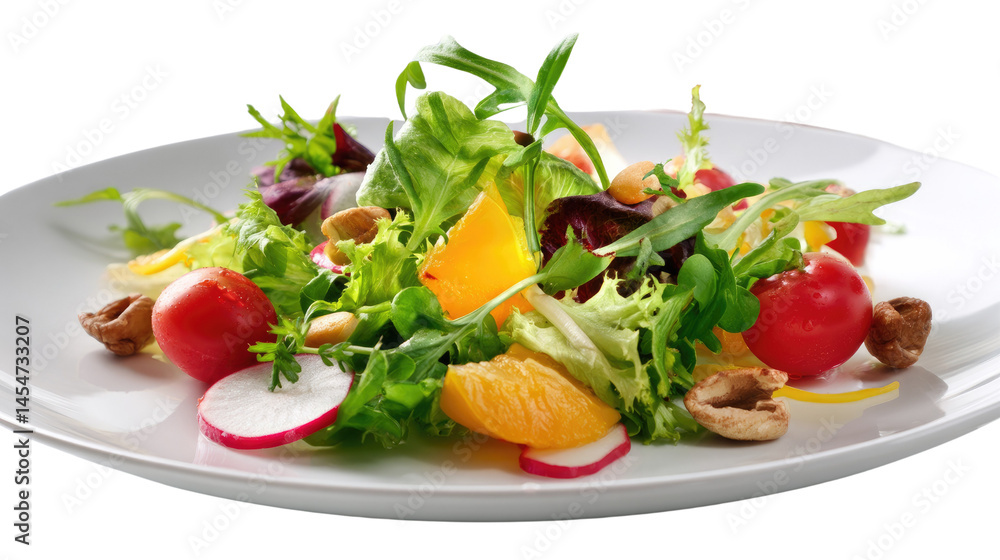 Freshly Plated Salad: A vibrant and appetizing salad presented on a pristine white plate, showcasing an array of fresh, colorful ingredients in a light and airy style. Freshly Plated Salad: A vibrant and appetizing salad presented on a pristine white plate, showcasing an array of fresh, colorful ingredients in a light and airy style.