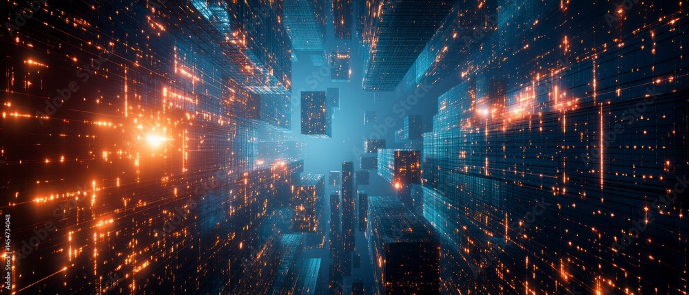 Obraz premium Digital city emerges resembling complex network with glowing lights depicting futuristic technological architecture.