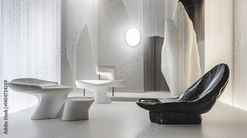 A conceptual interior architecture exhibition showcasing abstract furniture and geometric lighting installations.