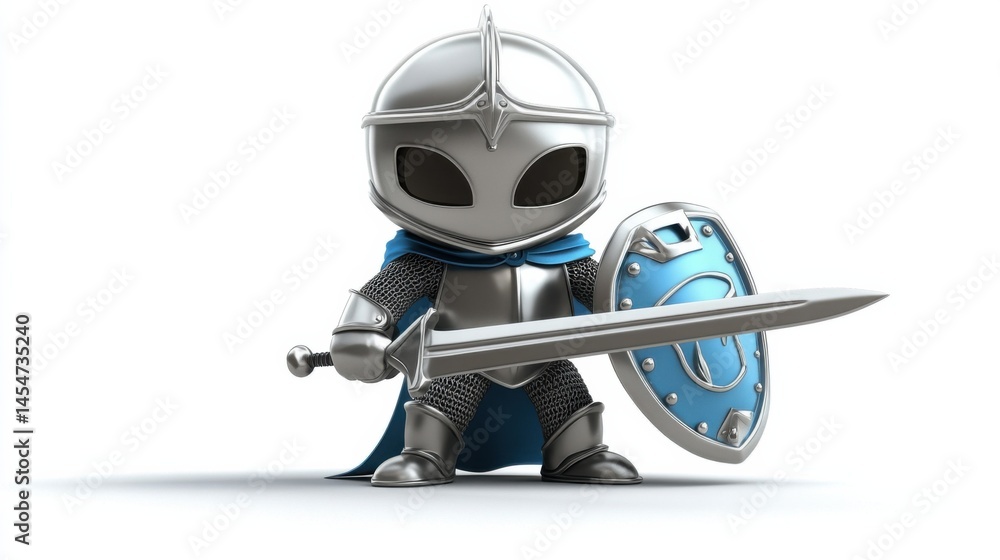 Fototapeta premium cartoon knight in shining armor, holding a sword and shield, isolated on a white background