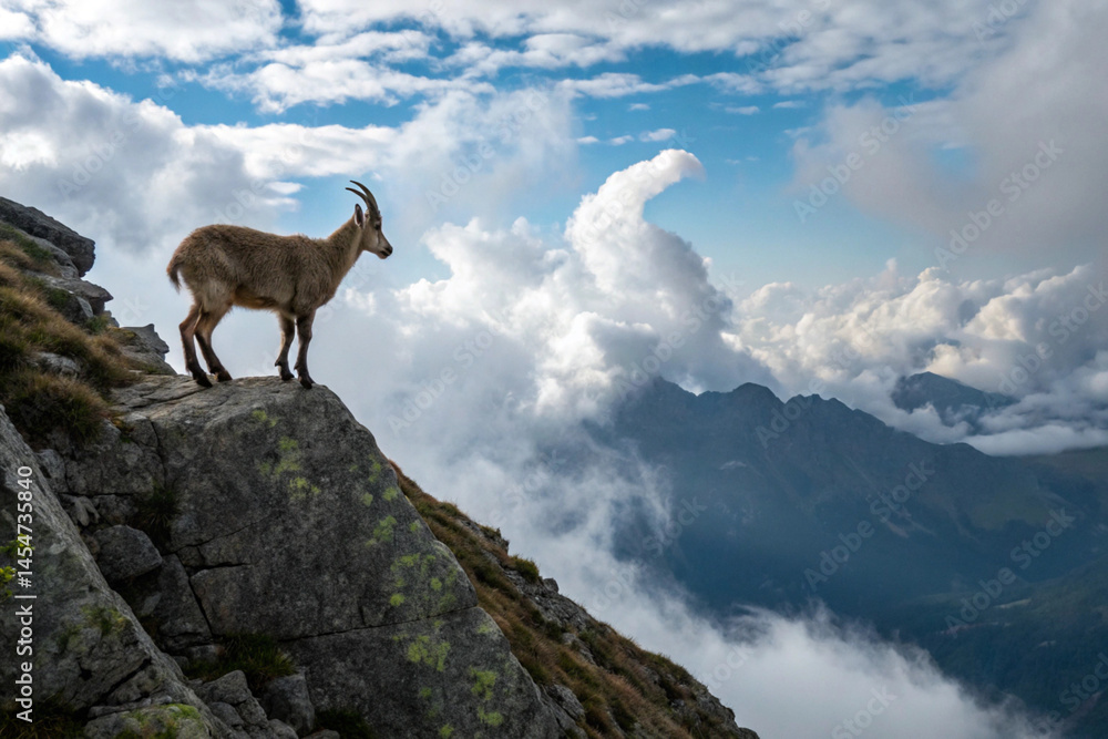 A mountain goat standing on a peak surrounded by cloud A mountain goat standing on a peak surrounded by cloud
