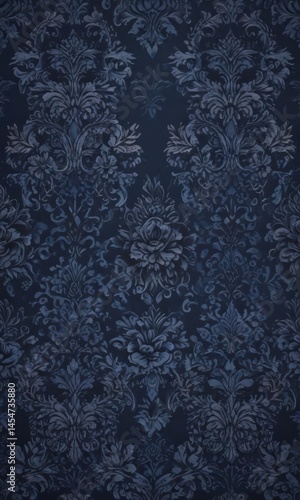Deep midnight blue damask wallpaper, repeating floral pattern , background, home decor