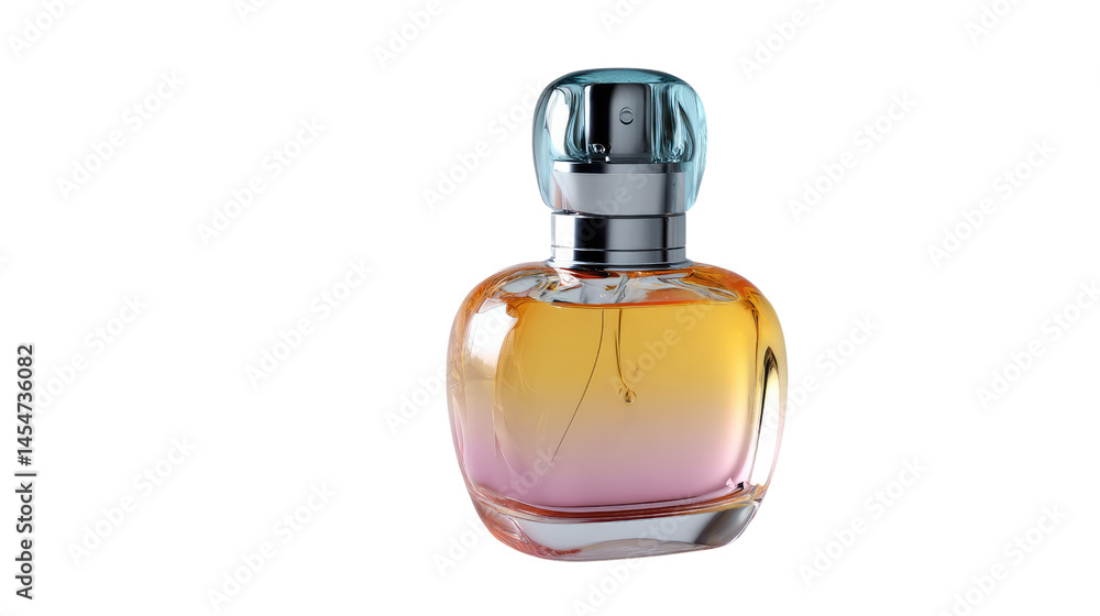 Elegant Perfume Bottle: An elegant and stylish glass perfume bottle with a gradient design of pink, yellow, and blue. The bottle features a silver cap and a clear liquid, reflecting light beautifully. Elegant Perfume Bottle: An elegant and stylish glass perfume bottle with a gradient design of pink, yellow, and blue. The bottle features a silver cap and a clear liquid, reflecting light beautifully.