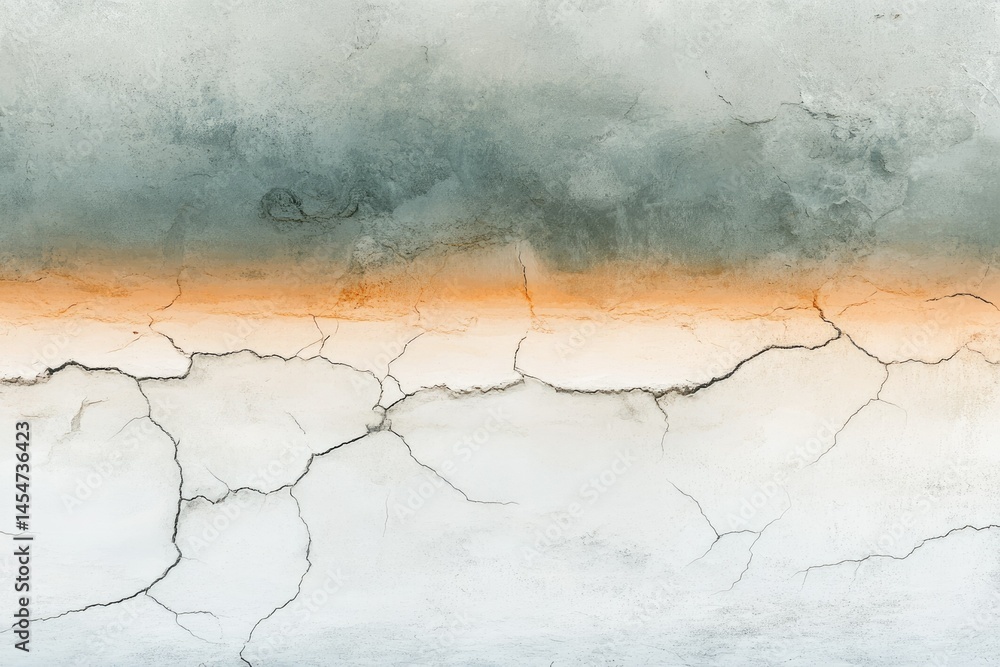 Obraz premium A textured wall with a cracked surface, showcasing a gradient of teal, orange, and white.