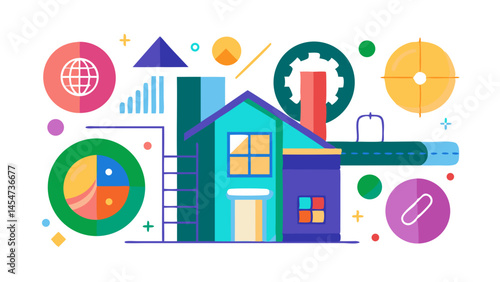 Colorful house graphic design data analysis business growth target market global reach vibrant