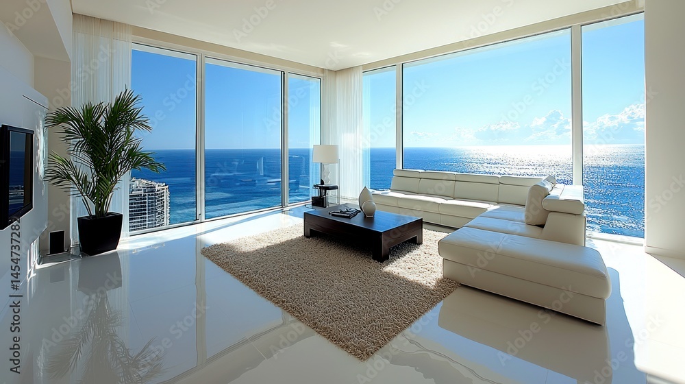 Luxurious beachfront living room with panoramic ocean views, featuring white leather sofa, large windows, and polished floors. Luxurious beachfront living room with panoramic ocean views, featuring white leather sofa, large windows, and polished floors.