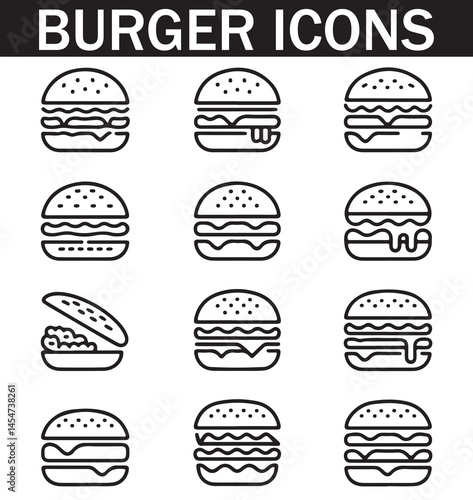 Silhouette of various burger icons featuring different styles, perfect for fast food, restaurant, and food-related designs.