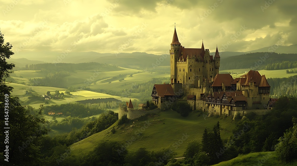Naklejka premium Enchanting castle surrounded by fog and mountains