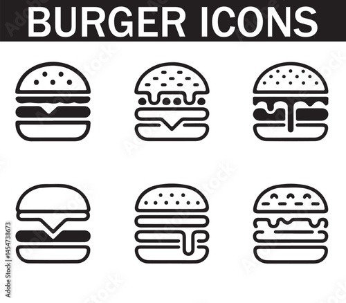 Silhouette of various burger icons featuring different styles, perfect for fast food, restaurant, and food-related designs.