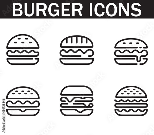 Silhouette of various burger icons featuring different styles, perfect for fast food, restaurant, and food-related designs.