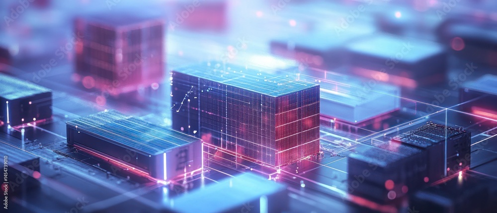 Fototapeta premium Circuit board with semiconductor cubes glows, showcasing interconnected data processing, innovation, and quantum computing.