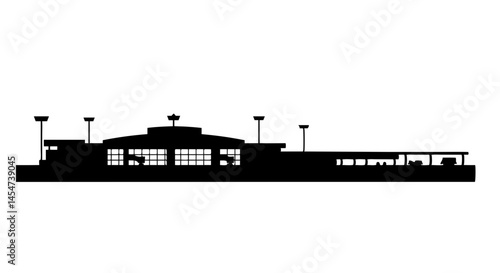 Airport terminal silhouette against a white background  