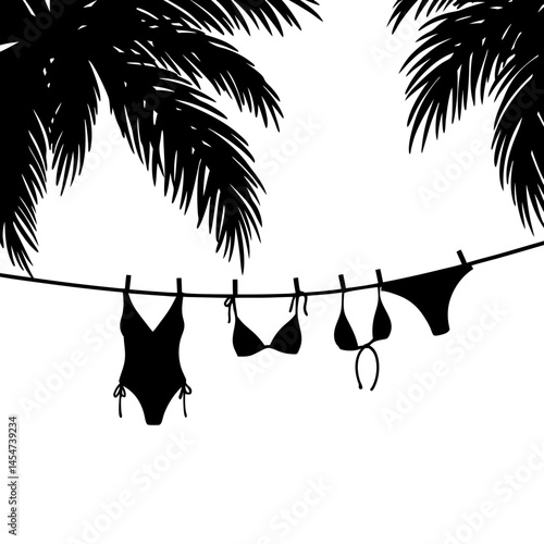 Swimwear Hanging on a Clothesline with Palm Trees Background  