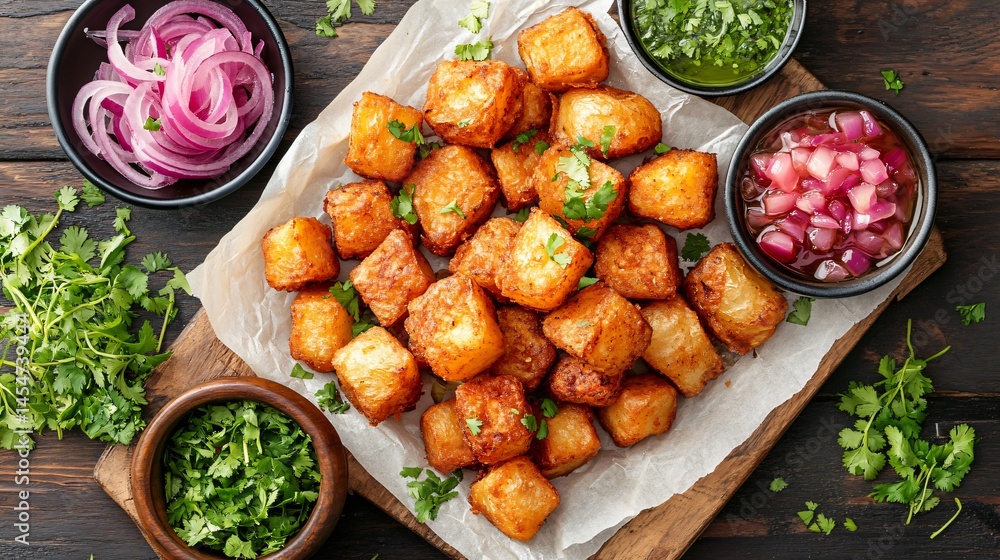 Deep-fried Patatas Bravas served on parchment paper, surrounded by dipping bowls, pickled onions, and fresh herbs