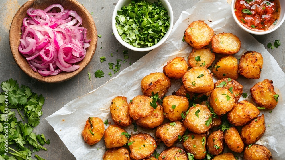 Deep-fried Patatas Bravas served on parchment paper, surrounded by dipping bowls, pickled onions, and fresh herbs