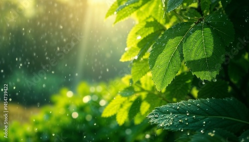Lush green leaves with raindrops glistening in sunlight during rainfall concept