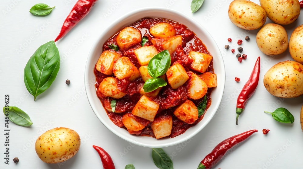 Elegant presentation of Patatas Bravas with vibrant red sauce, surrounded by whole potatoes and chili peppers on a white background