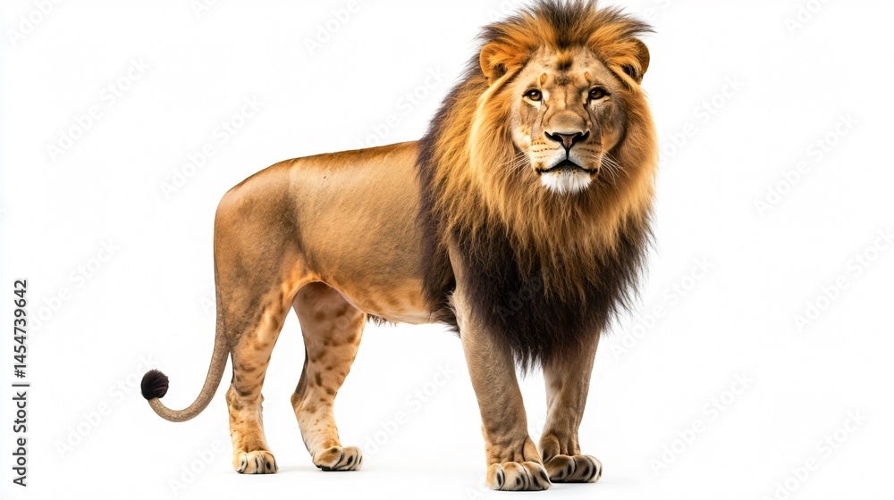 Obraz premium Majestic Lion Panthera Leo Standing Isolated on White Background