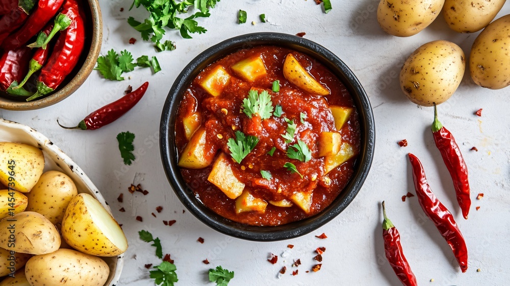 Elegant presentation of Patatas Bravas with vibrant red sauce, surrounded by whole potatoes and chili peppers on a white background