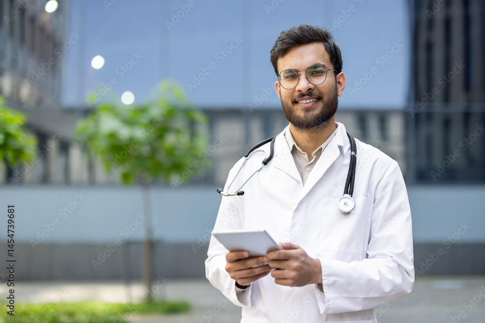 A smiling doctor with glasses holds a tablet while standing outdoors with a stethoscope around his neck.