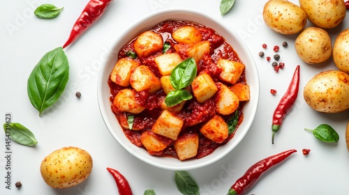 Obraz na płótnie Elegant presentation of Patatas Bravas with vibrant red sauce, surrounded by whole potatoes and chili peppers on a white background w salonie