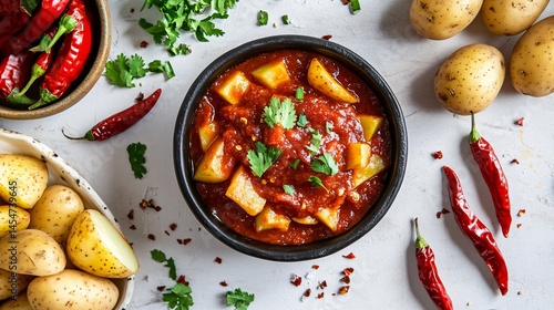 Elegant presentation of Patatas Bravas with vibrant red sauce, surrounded by whole potatoes and chili peppers on a white background
