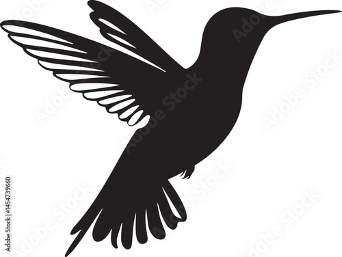 A vector illustration of a silhouette of a hummingbird in flight with outstretched wings on a white background