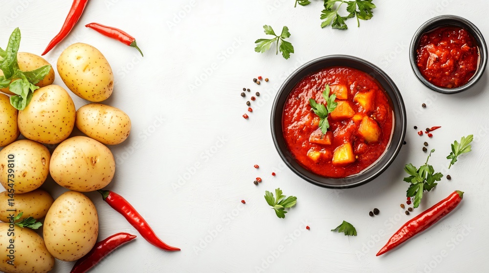 Elegant presentation of Patatas Bravas with vibrant red sauce, surrounded by whole potatoes and chili peppers on a white background