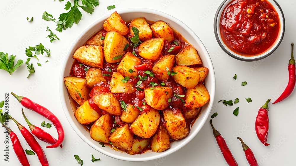 Elegant presentation of Patatas Bravas with vibrant red sauce, surrounded by whole potatoes and chili peppers on a white background