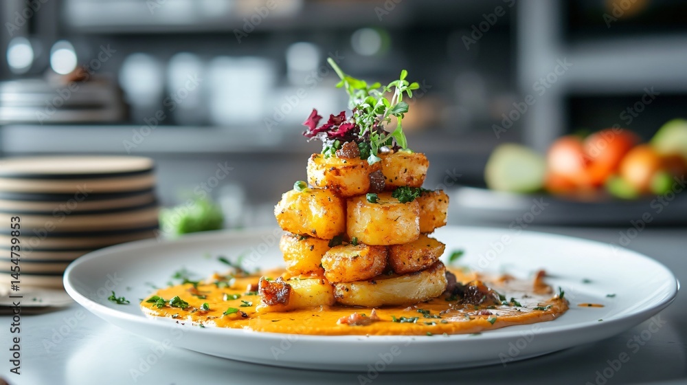 Elegant restaurant-style plating of Patatas Bravas, surrounded by stacked ingredients and clean surfaces