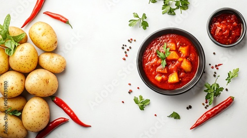 Obraz na płótnie Elegant presentation of Patatas Bravas with vibrant red sauce, surrounded by whole potatoes and chili peppers on a white background w salonie
