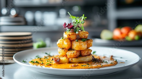 Obraz na płótnie Elegant restaurant-style plating of Patatas Bravas, surrounded by stacked ingredients and clean surfaces w salonie