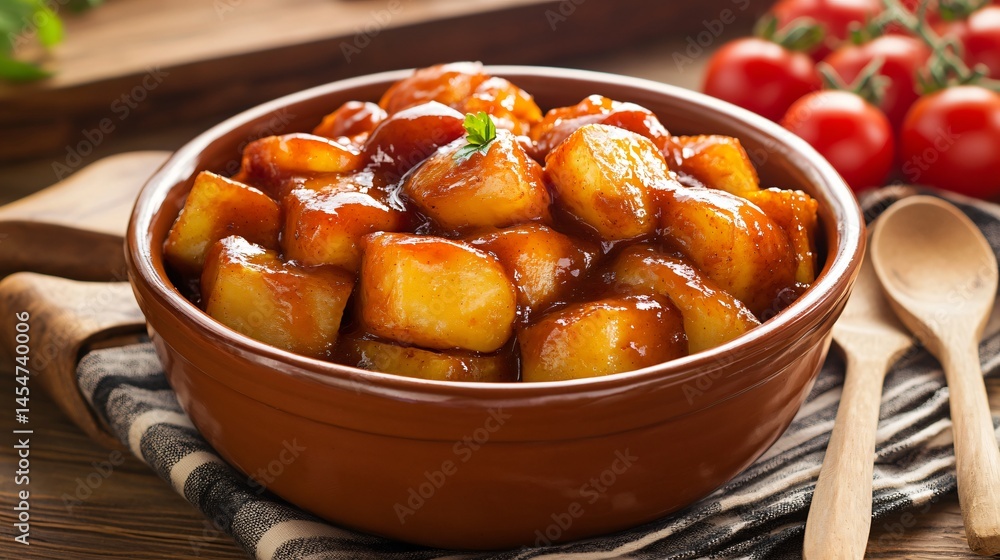 Gourmet-style Patatas Bravas in a terracotta bowl with a rich, glossy sauce, surrounded by cherry tomatoes and wooden utensils